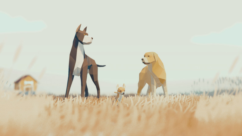 two animated dogs standing in long grass
